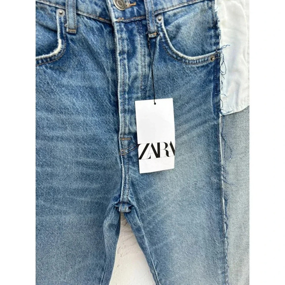 Zara Ruffled Womens Crop Straight Leg Button Fly Patchwork Denim Jeans Blue Sz 4 - Picture 7 of 13